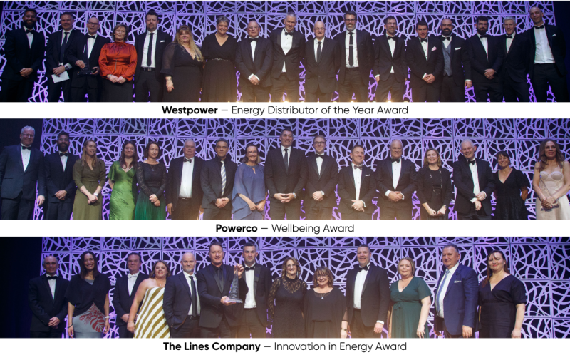 Westpower, Powerco and The Lines Company on stage receiving their awards